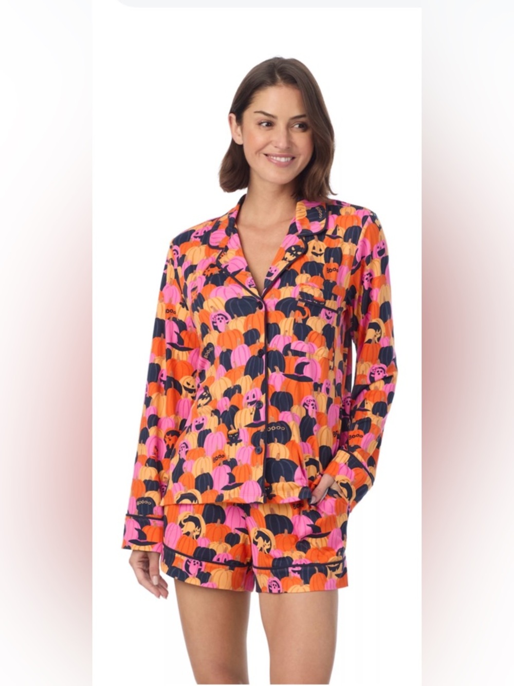 Beauty Sleep Social Halloween 2-Piece Cozy Notch Long Sleeve PJ Top & short set